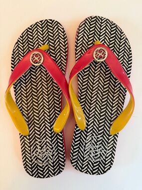 BCBGeneration Black & Pink Flip Flops with Yellow Straps Size 4
